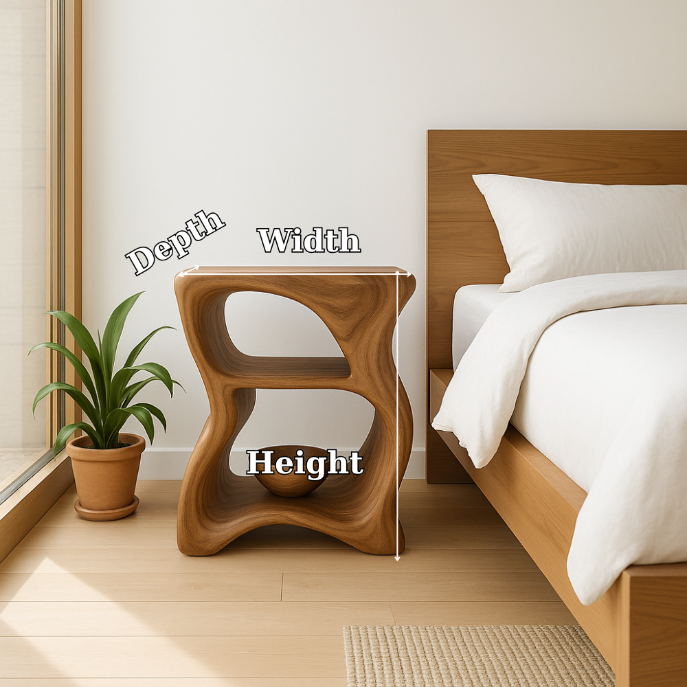 Handcrafted Solid Wood Nightstand – Modern Sculptural Bedside Table with Open Shelves Lynnsnail