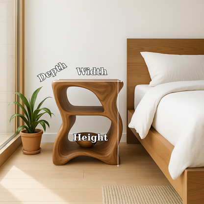 Handcrafted Solid Wood Nightstand – Modern Sculptural Bedside Table with Open Shelves Lynnsnail
