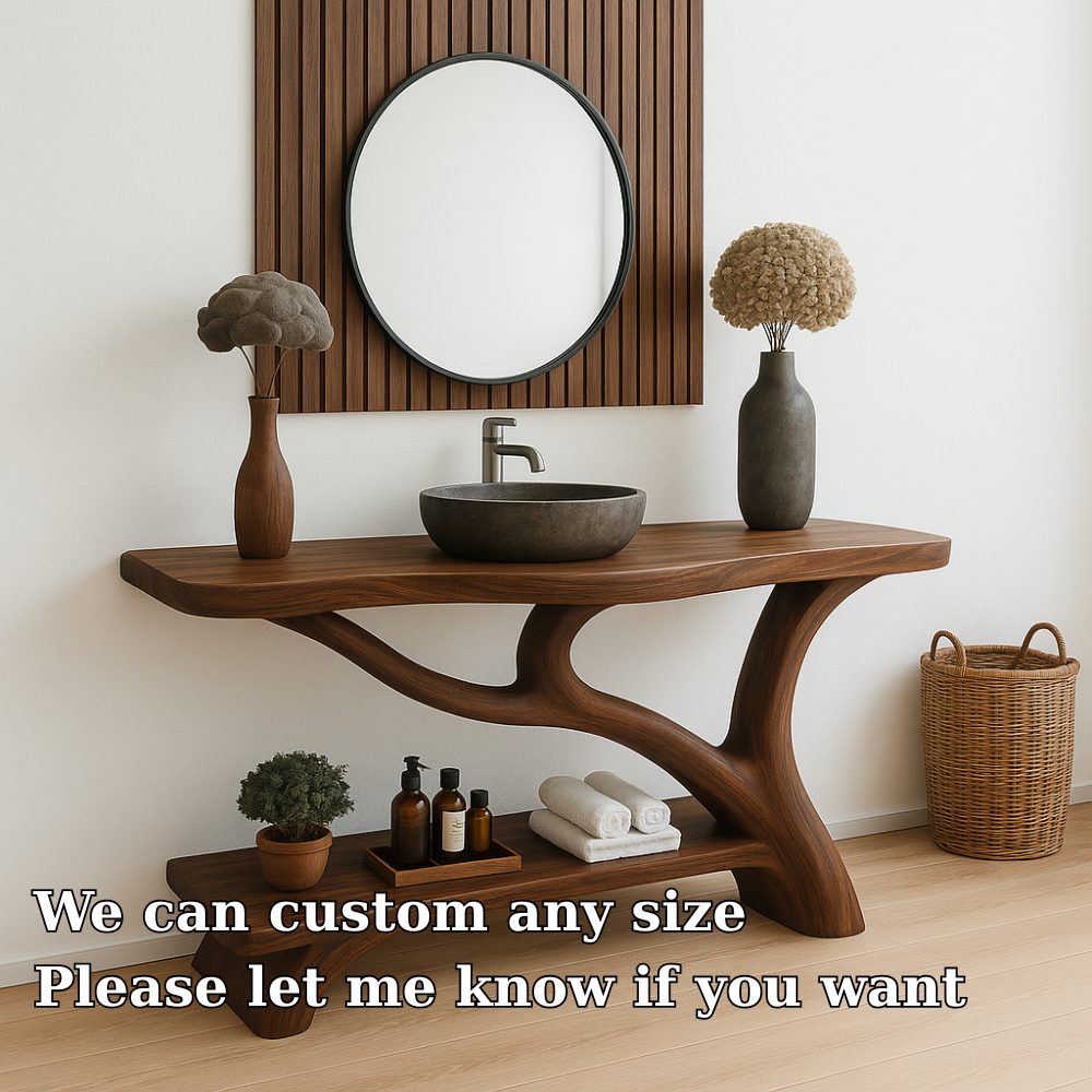 Handcrafted Solid Wood Bathroom Vanity – Organic Sculptural Design with Open Shelf Storage Lynnsnail