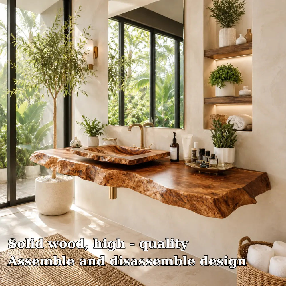 Burl Wood Vanity Shelf with Carved Sink | Live Edge Floating Bathroom Lynnsnail