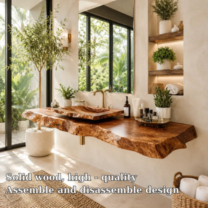 Burl Wood Vanity Shelf with Carved Sink | Live Edge Floating Bathroom Lynnsnail