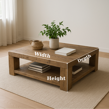 Handcrafted Solid Wood Coffee Table – Rustic Minimalist Square Center Table with Open Shelf for Japandi or Modern Living Room Lynnsnail