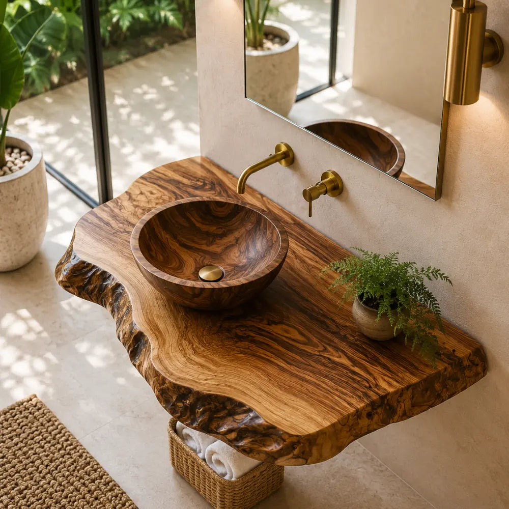 Double Live Edge Floating Vanity Shelf | Solid Wood Honey Bathroom Counter Lynnsnail