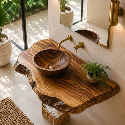 Double Live Edge Floating Vanity Shelf | Solid Wood Honey Bathroom Counter Lynnsnail