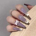 Matte Purple Coffin Press-On Nails – 3D White Bow & Outline French Design