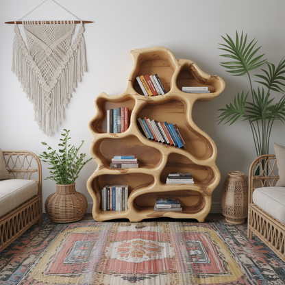 Organic Modern Bookshelf With Carved Design For Living Room And Home Library Lynnsnail