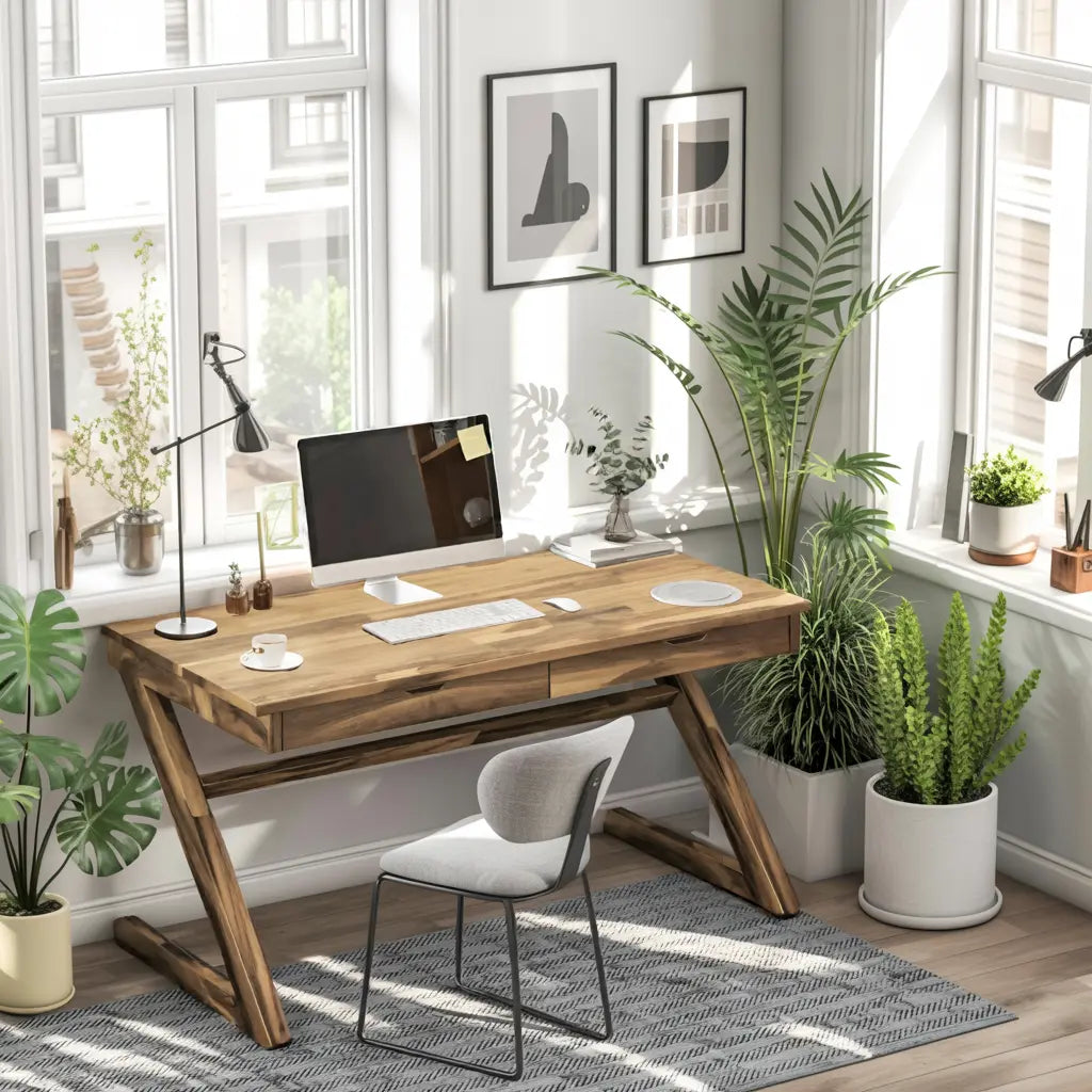 Modern Z Leg Wooden Writing Desk With Drawers For Home Office Or Studio Lynnsnail