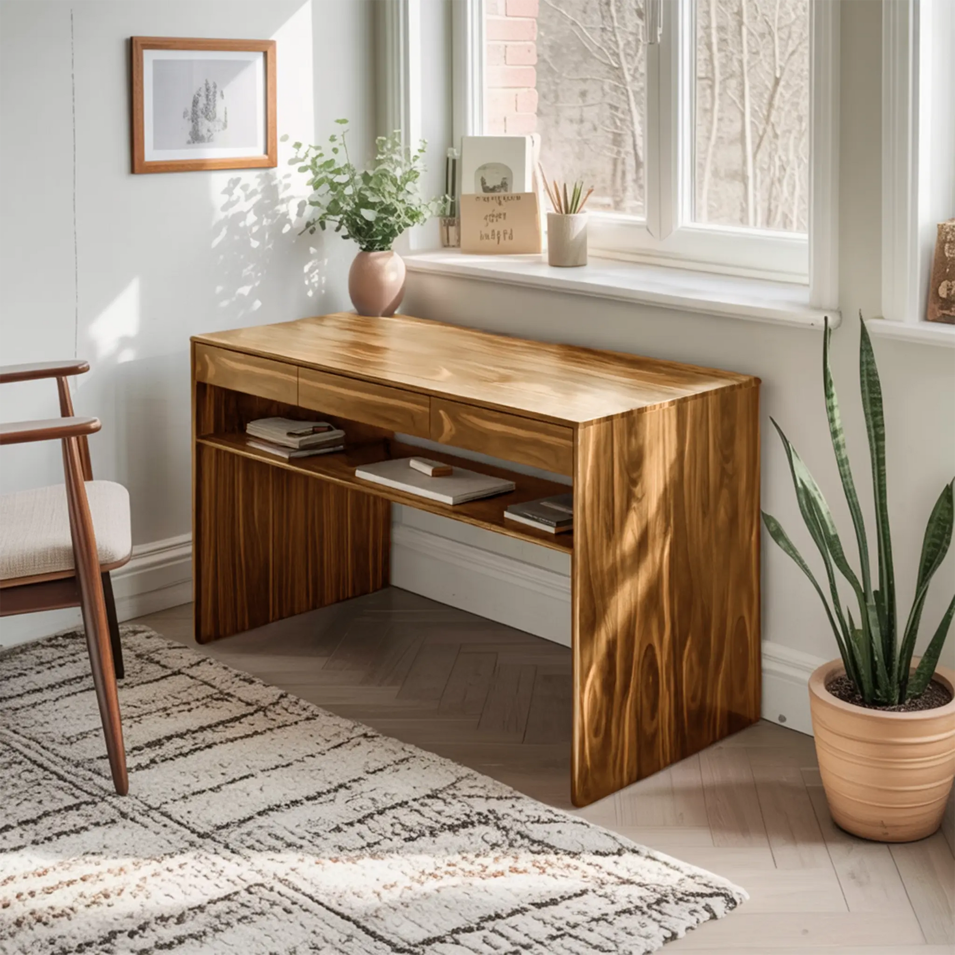 Mid Century Modern Solid Wood Writing Desk With Drawers For Home Office Lynnsnail