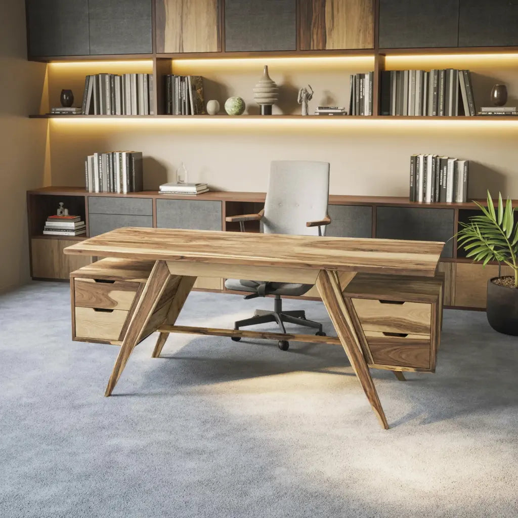 Modern Executive Wooden Desk With Angled Legs And Drawers For Home Office Lynnsnail