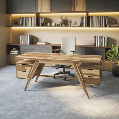 Modern Executive Wooden Desk With Angled Legs And Drawers For Home Office Lynnsnail
