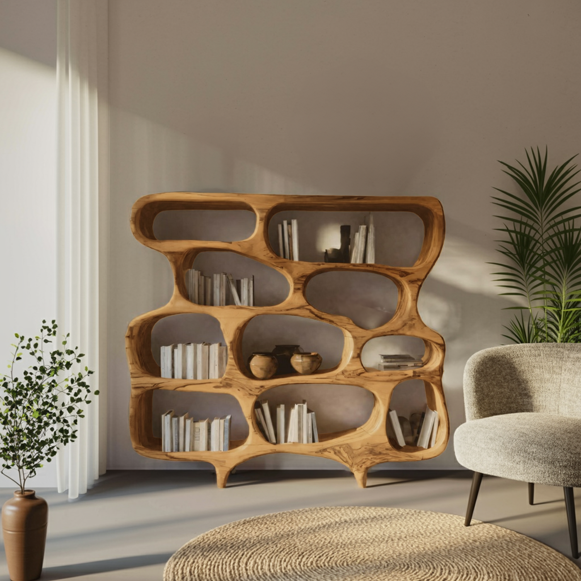 Artistic Bookshelf With Curved Design For Living Room Interior Lynnsnail