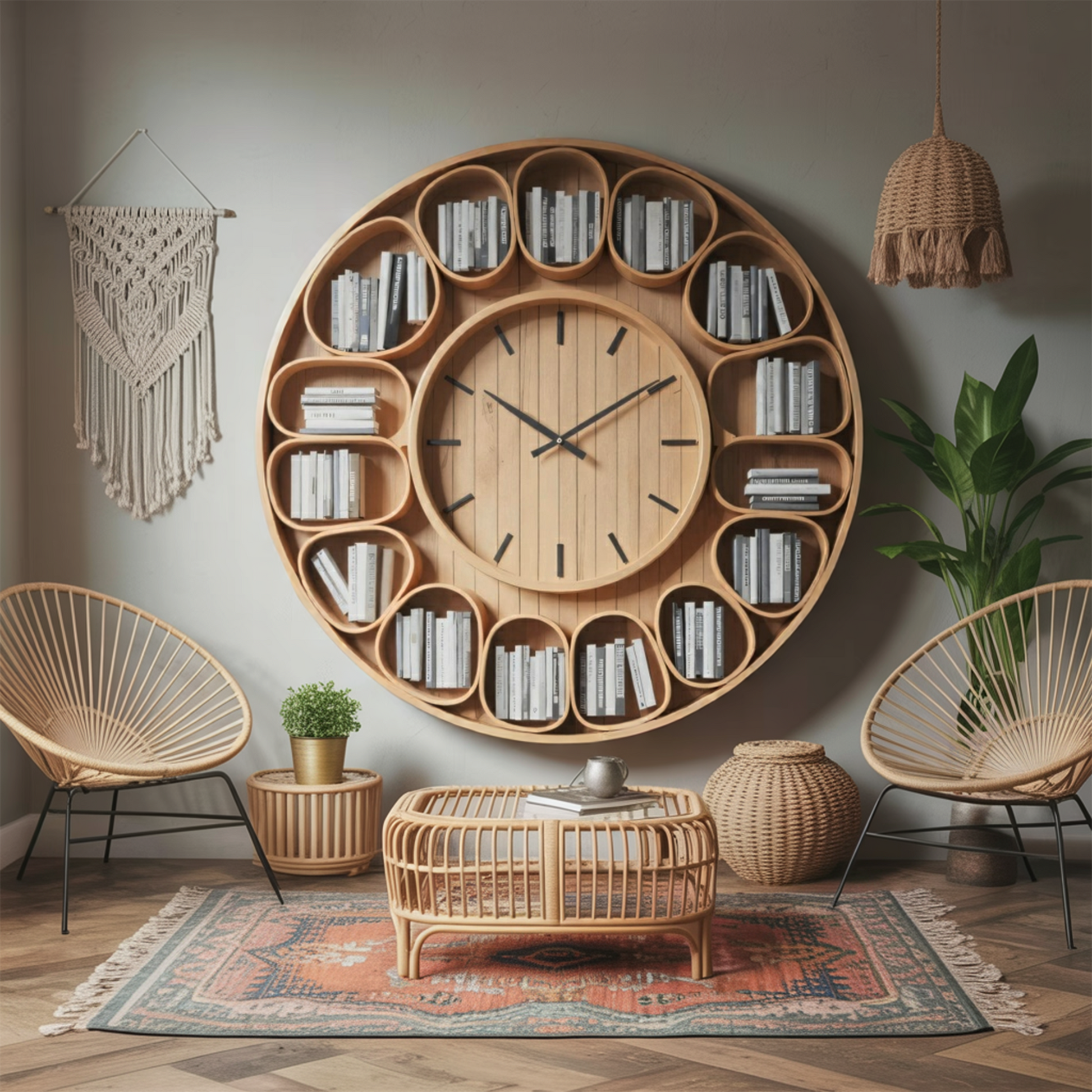 Contemporary Round Wall Bookshelf With Clock For Living Room And Home Office Lynnsnail