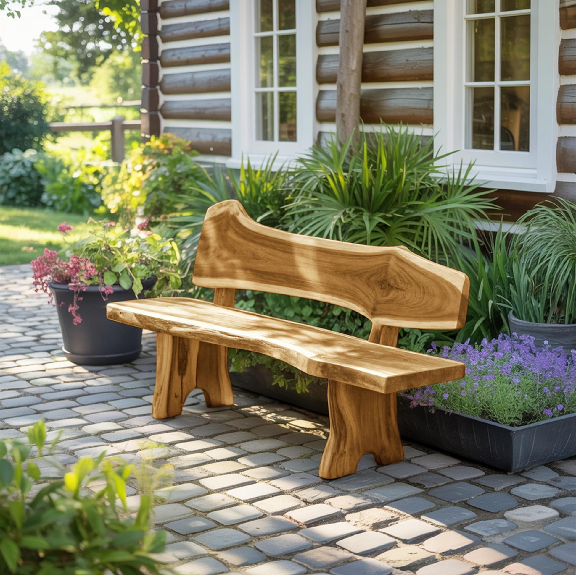 Rustic Live Edge Outdoor Bench With Curved Back For Patio Or Garden Lynnsnail