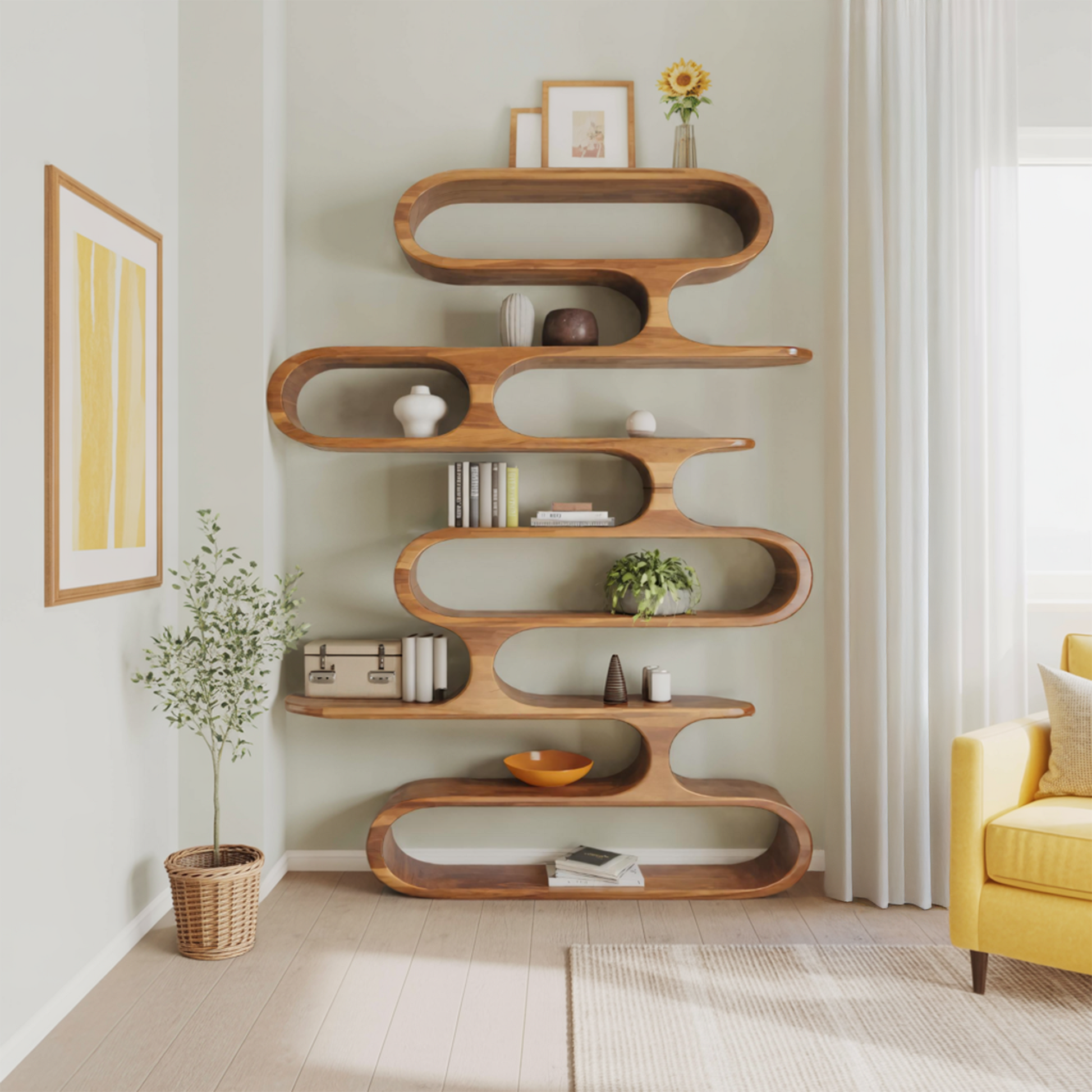 Mid Century Modern Wall Shelf With Flowing Shape For Living Room And Office Lynnsnail