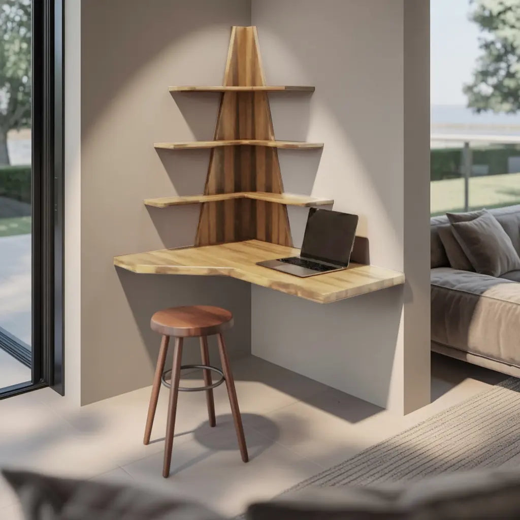 Modern Floating Corner Desk With Tree Shelves For Home Office And Apartment Lynnsnail