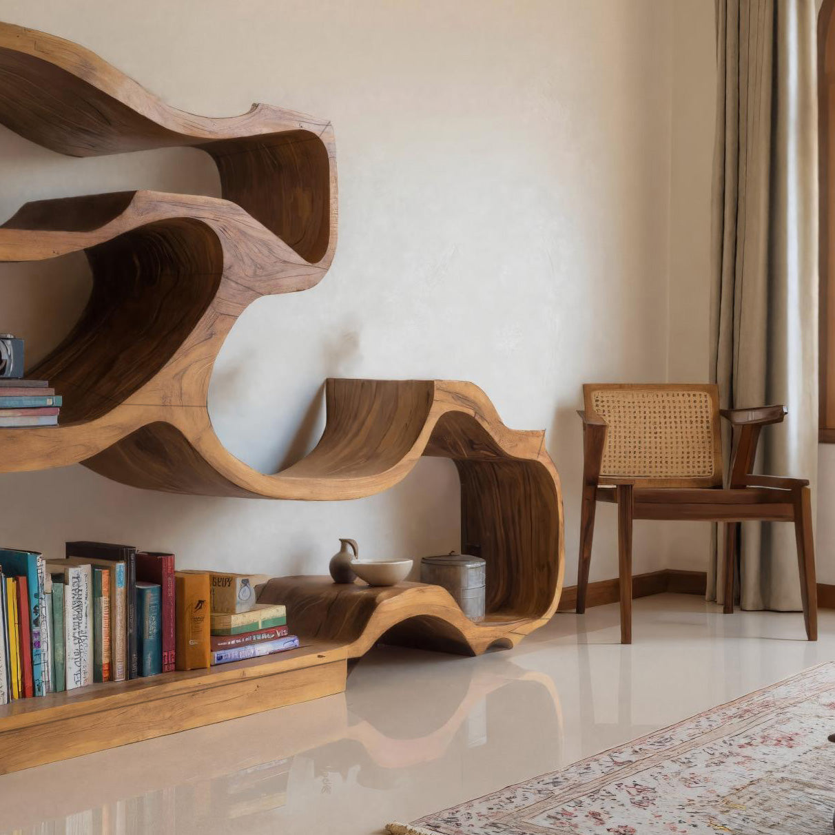 Artistic Bookshelf With Flowing Design For Living Room Lynnsnail