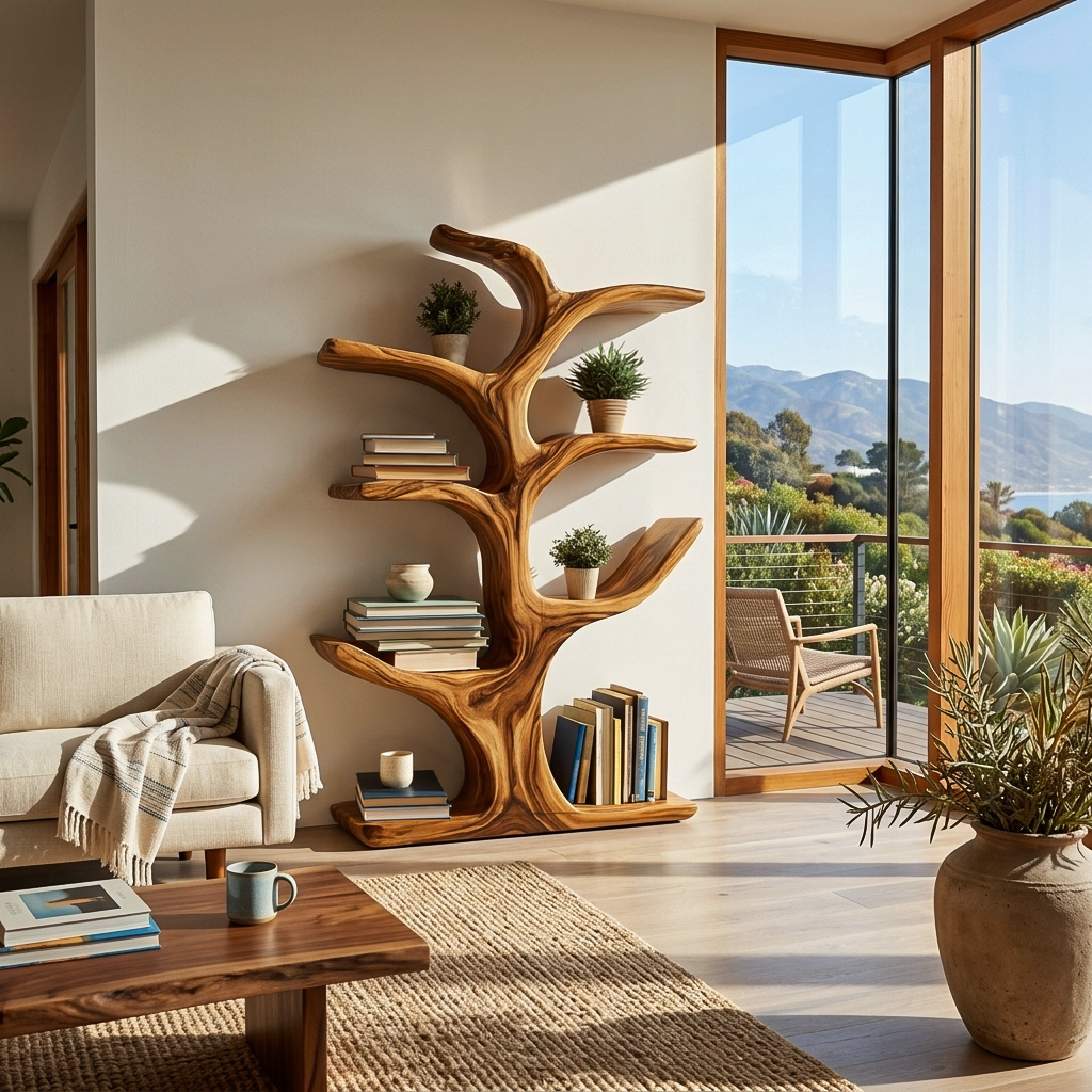 Modern Wood Bookshelf Sculptural Curved Design For Living Room Lynnsnail