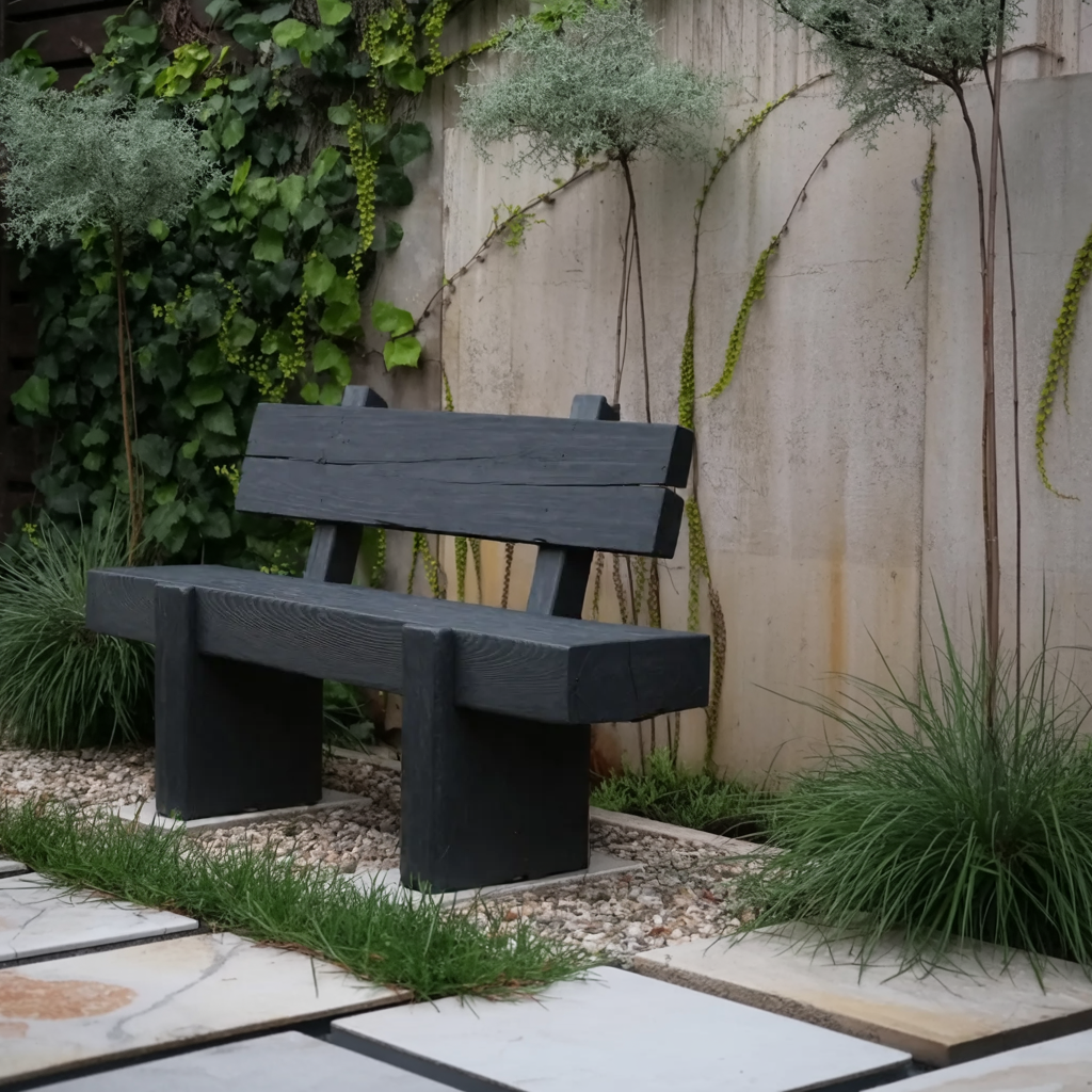 Modern Solid Wood Outdoor Bench With Charred Finish For Garden Or Patio Lynnsnail
