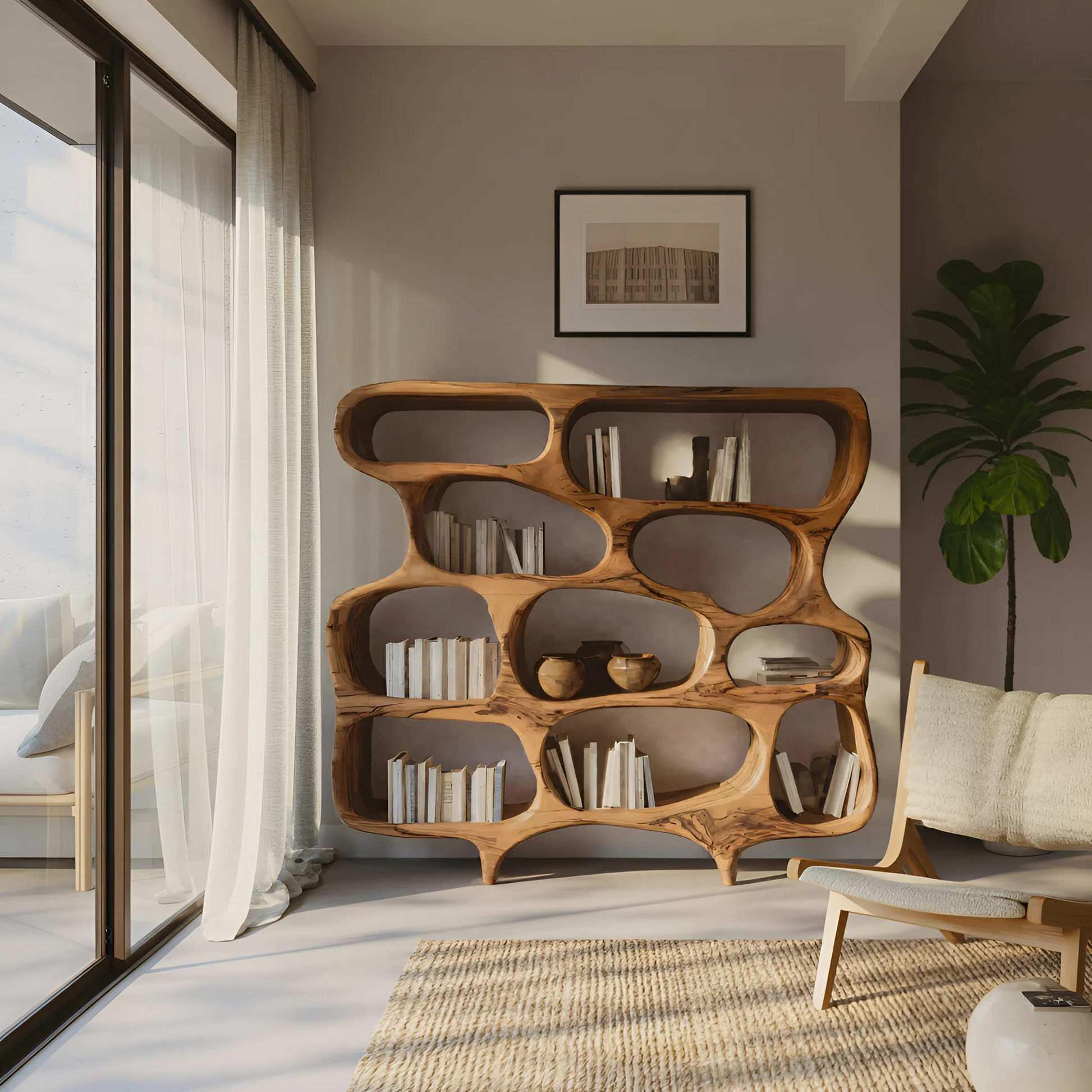 Artistic Bookshelf With Curved Design For Living Room Interior Lynnsnail