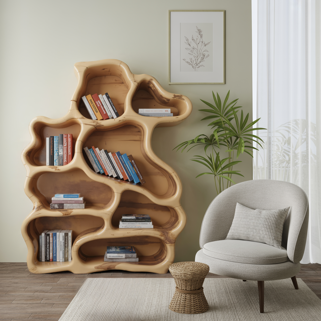 Organic Modern Bookshelf With Carved Design For Living Room And Home Library Lynnsnail