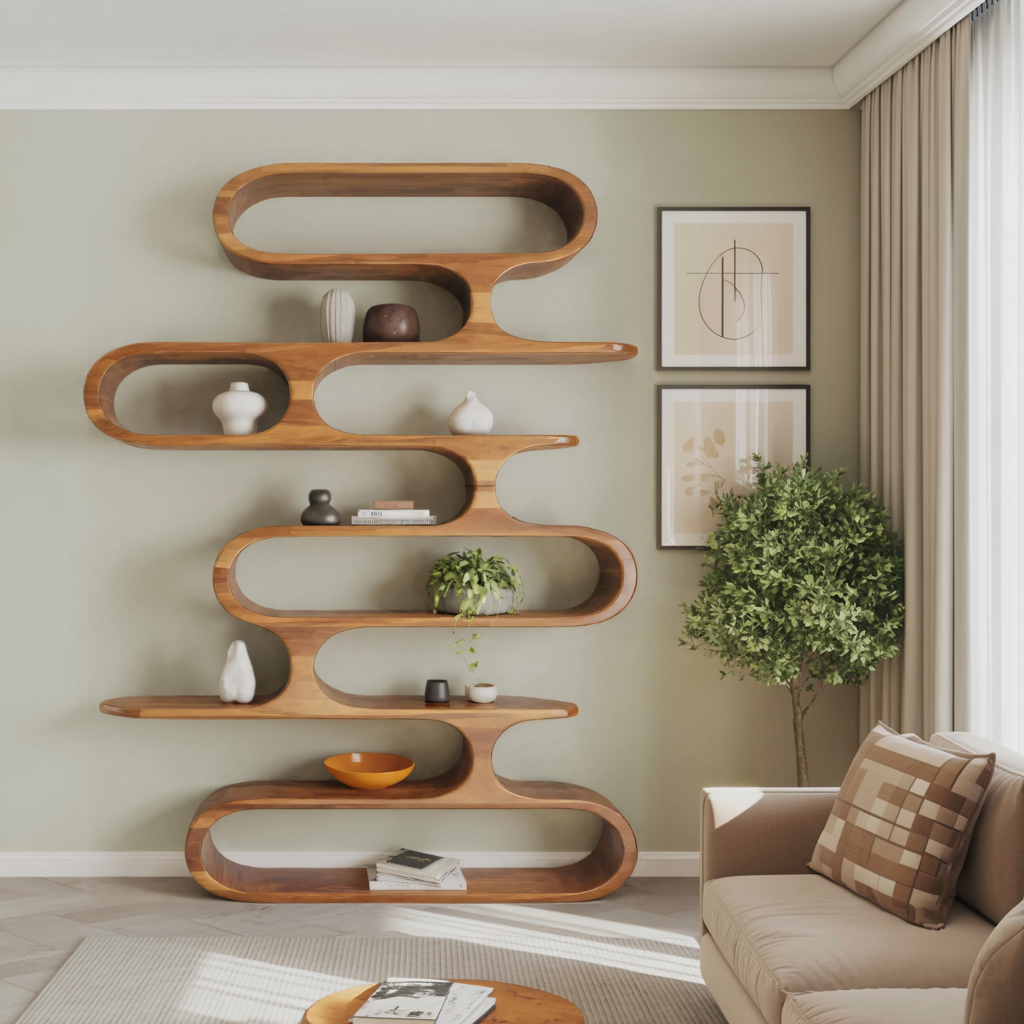 Mid Century Modern Wall Shelf With Flowing Shape For Living Room And Office Lynnsnail