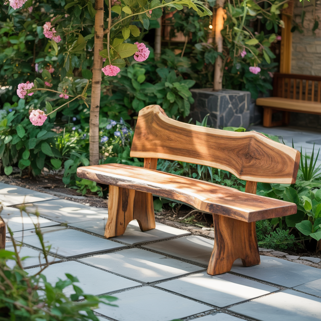 Rustic Live Edge Outdoor Bench With Curved Back For Patio Or Garden Lynnsnail