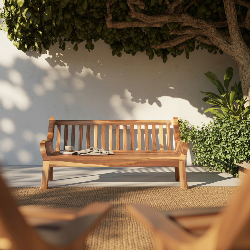 Contemporary Outdoor Wooden Bench With Curved Armrests For Garden Or Porch Lynnsnail