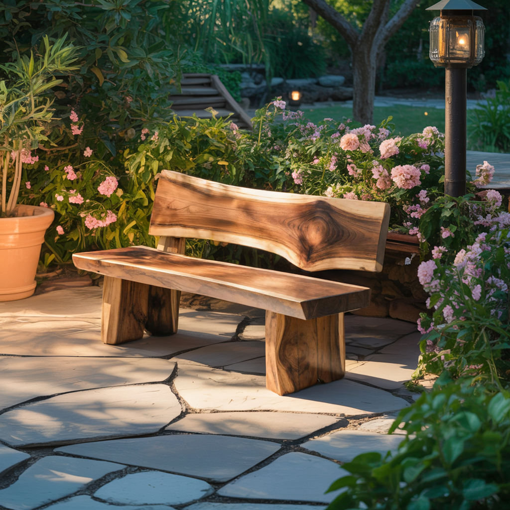 Contemporary Outdoor Wood Bench With Sculpted Back For Patio Or Courtyard Lynnsnail