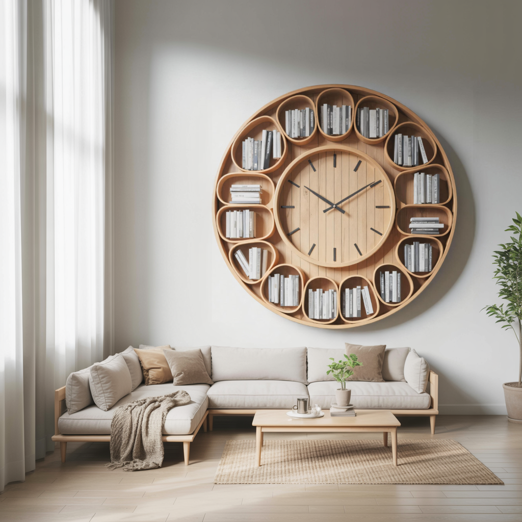 Contemporary Round Wall Bookshelf With Clock For Living Room And Home Office Lynnsnail