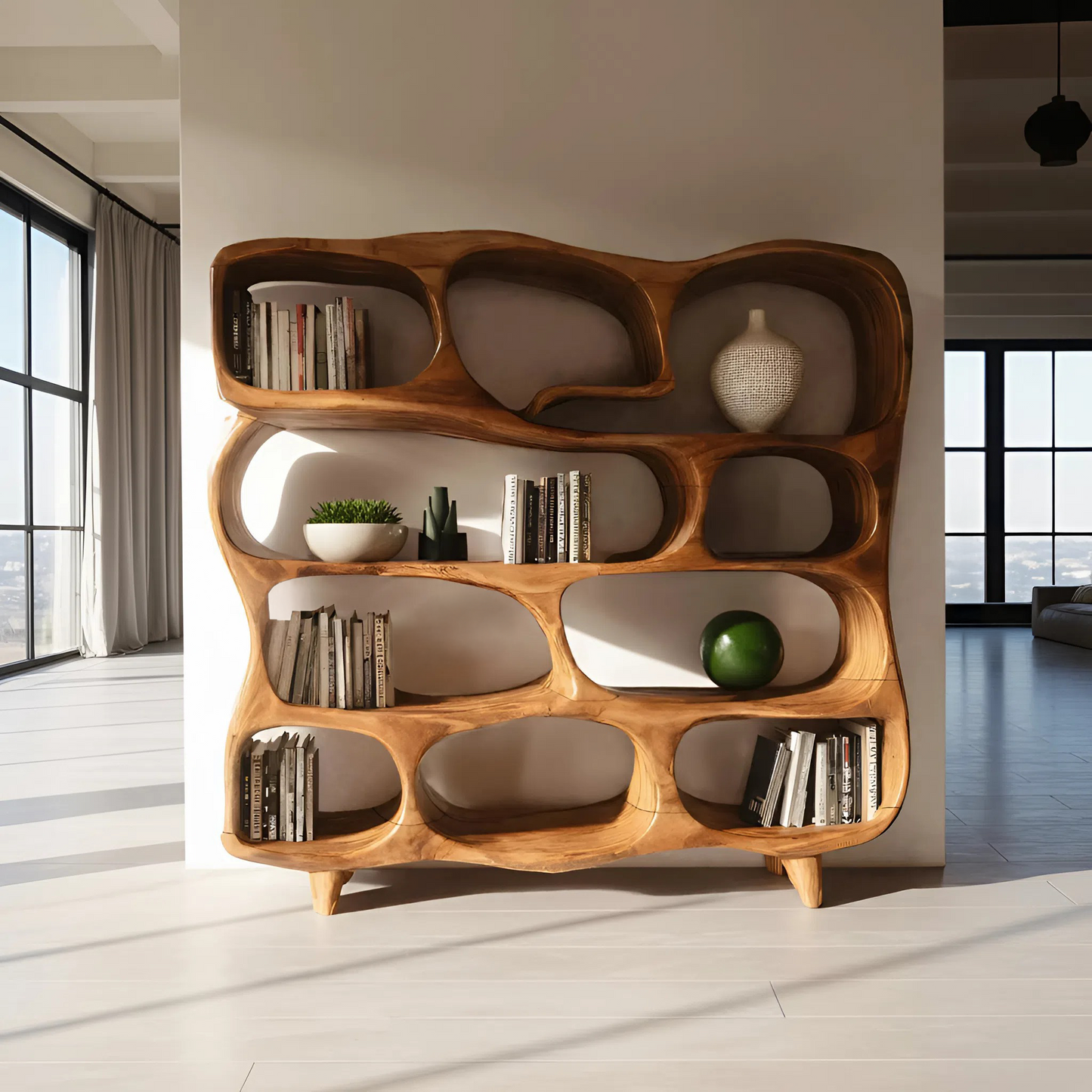 Modern Handcrafted Bookshelf With Curved Design For Living Room Lynnsnail