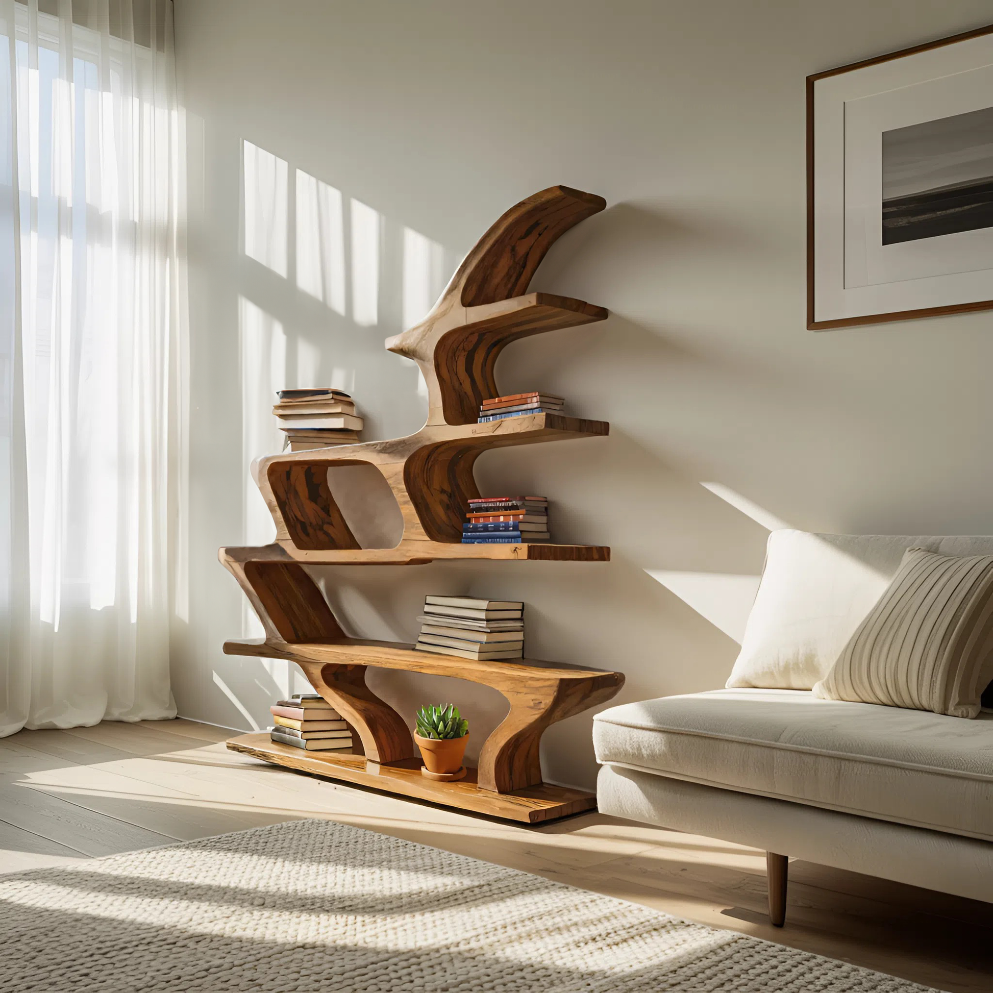 Modern Sculptural Bookshelf With Fluid Shelving For Living Room Lynnsnail