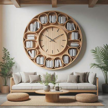 Contemporary Round Wall Bookshelf With Clock For Living Room And Home Office Lynnsnail