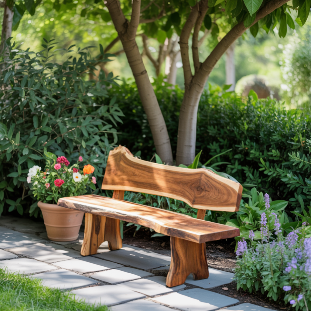 Rustic Live Edge Outdoor Bench With Curved Back For Patio Or Garden Lynnsnail
