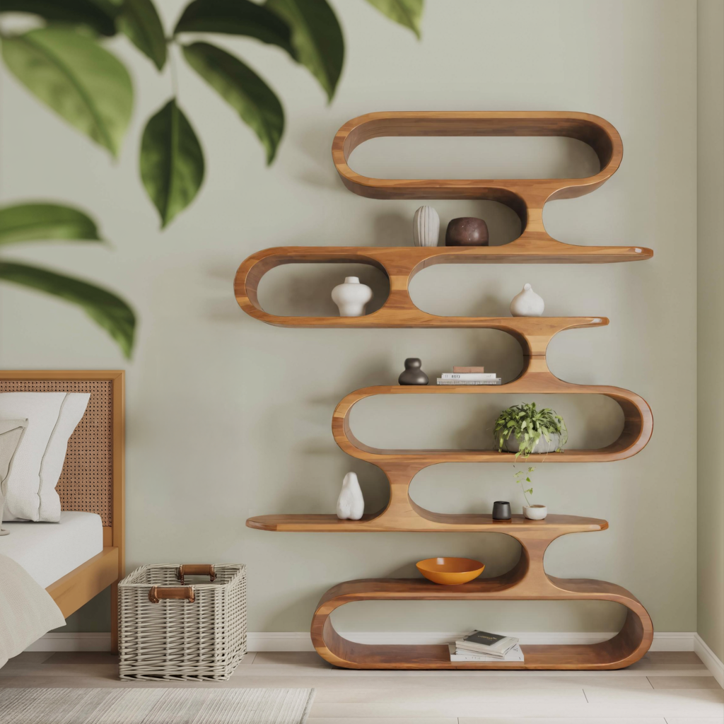 Mid Century Modern Wall Shelf With Flowing Shape For Living Room And Office Lynnsnail
