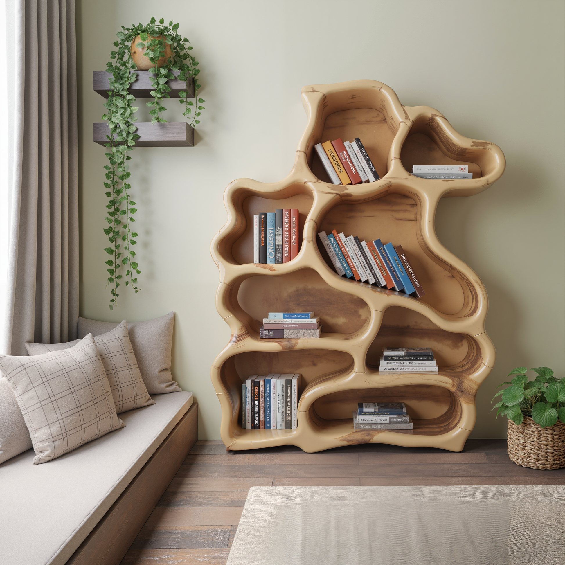Organic Modern Bookshelf With Carved Design For Living Room And Home Library Lynnsnail