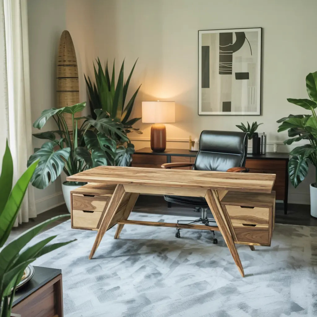 Modern Executive Wooden Desk With Angled Legs And Drawers For Home Office Lynnsnail