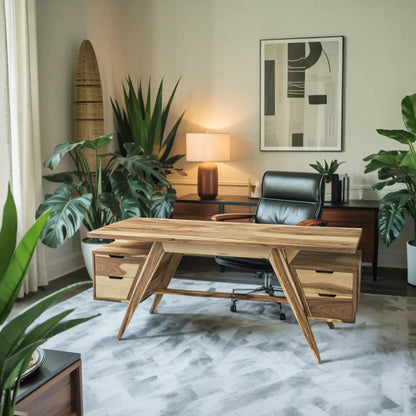 Modern Executive Wooden Desk With Angled Legs And Drawers For Home Office Lynnsnail