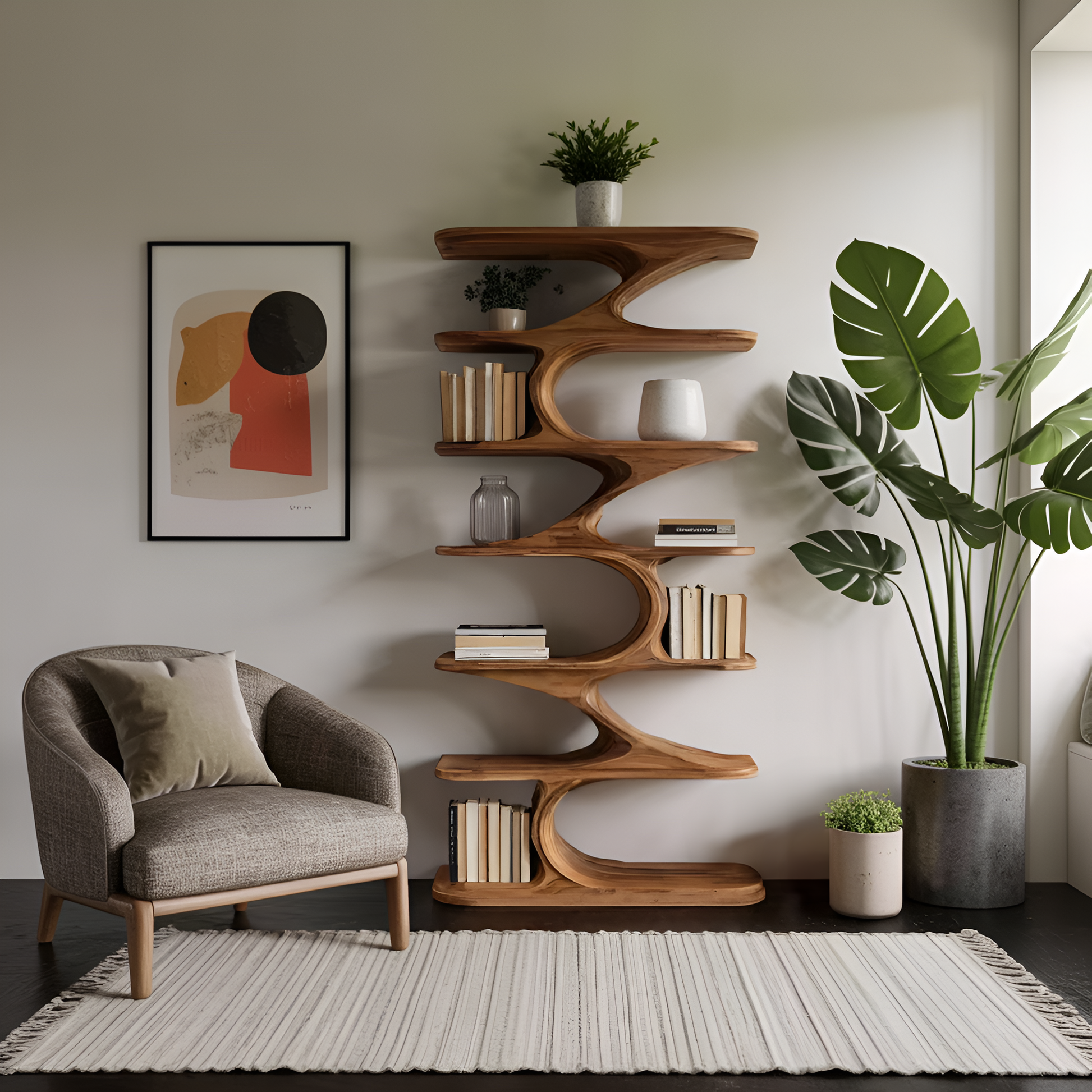 Modern Organic Curved Bookshelf For Living Room Lynnsnail