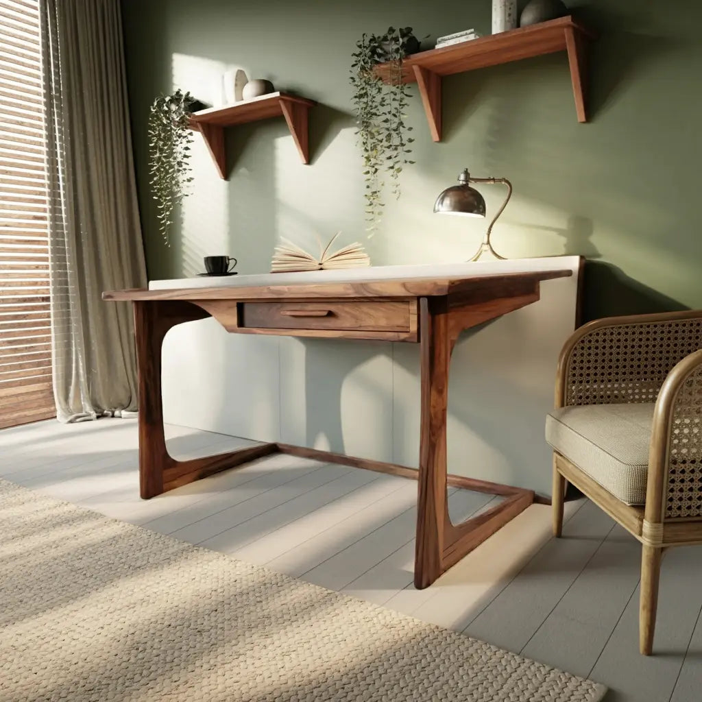 Mid Century Modern Desk With Drawer For Home Office And Workspace Lynnsnail