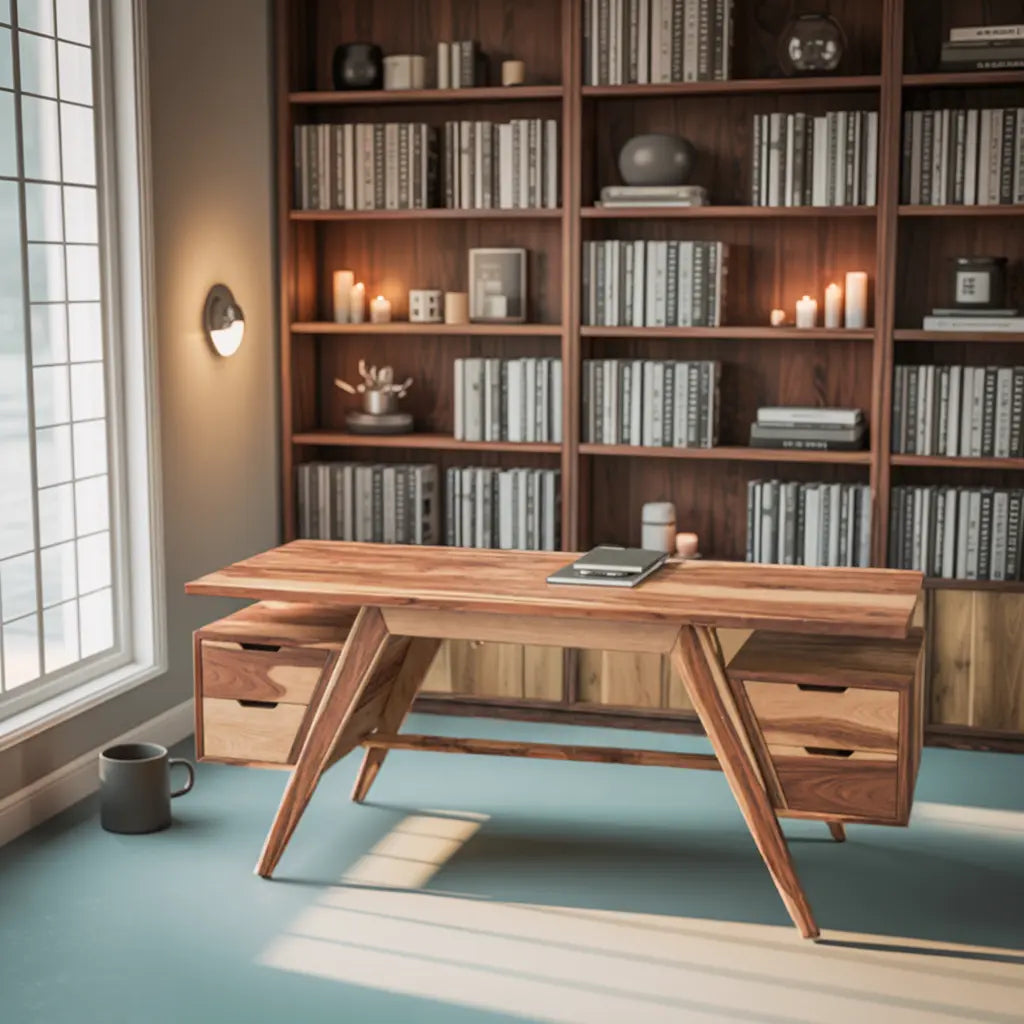 Modern Executive Wooden Desk With Angled Legs And Drawers For Home Office Lynnsnail