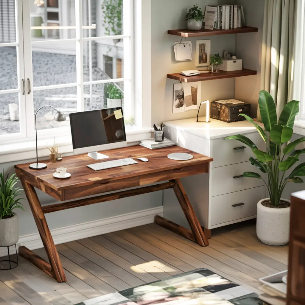 Modern Z Leg Wooden Writing Desk With Drawers For Home Office Or Studio Lynnsnail
