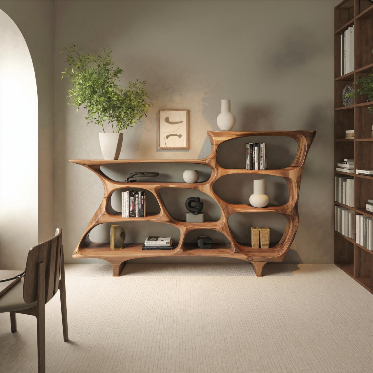 Contemporary Organic Bookshelf With Open Shelves For Living Room Or Office Lynnsnail