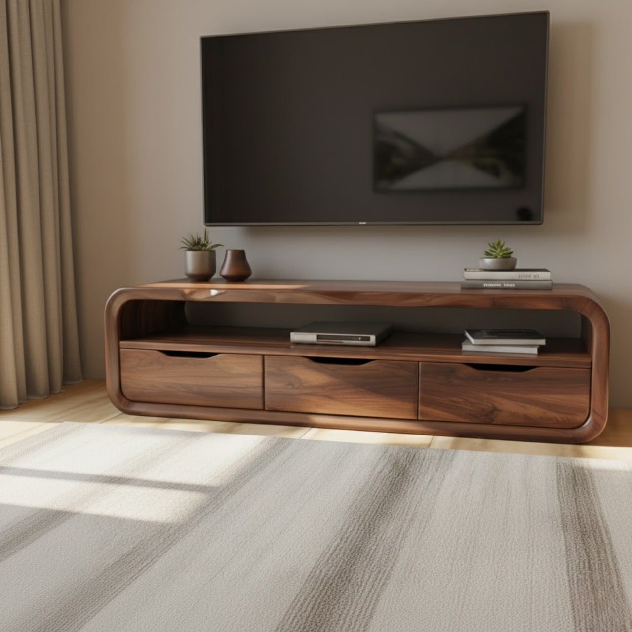 Handcrafted Solid Wood TV Stand with Smooth Curved Edges and Minimalist Storage Design Lynnsnail