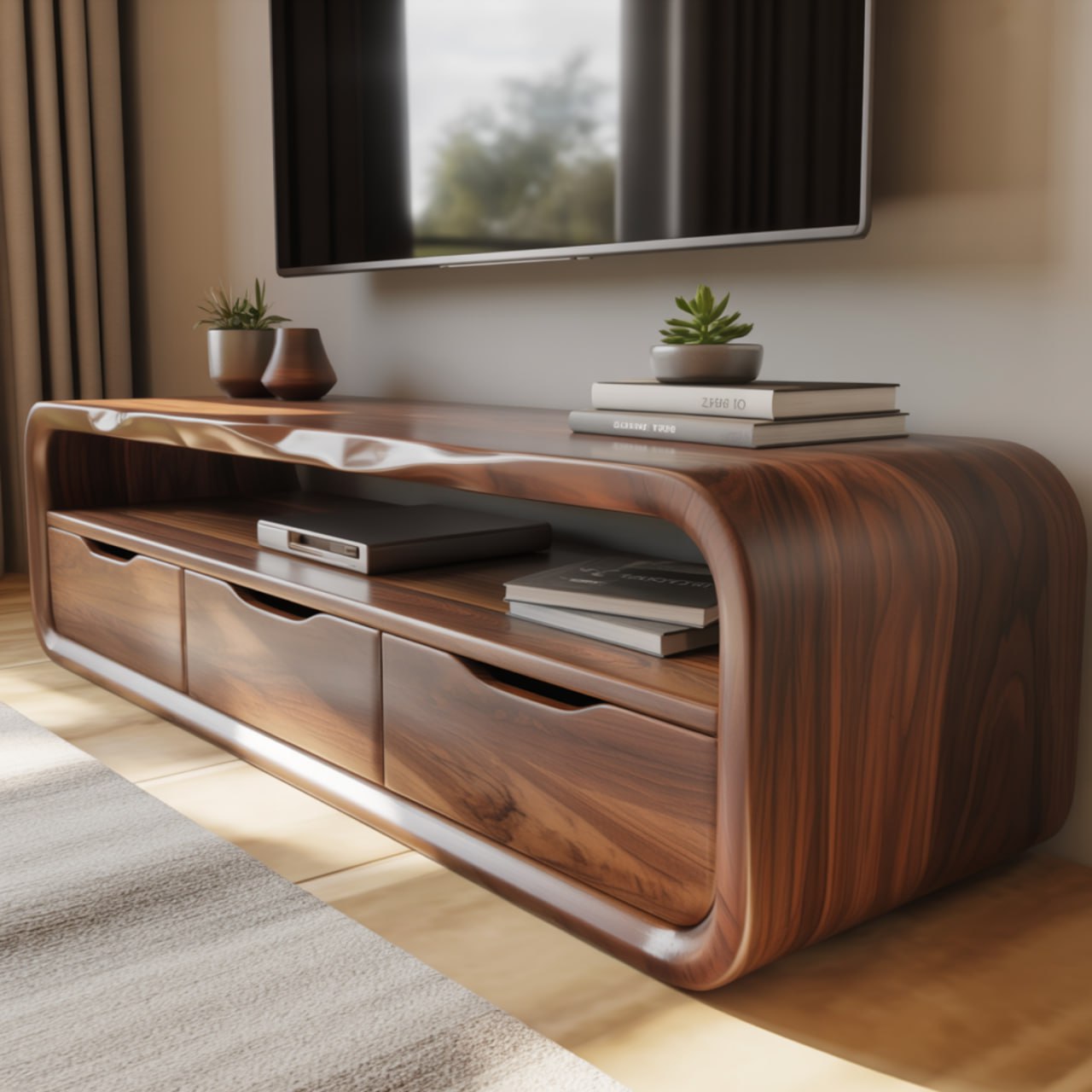 Handcrafted Solid Wood TV Stand with Smooth Curved Edges and Minimalist Storage Design Lynnsnail