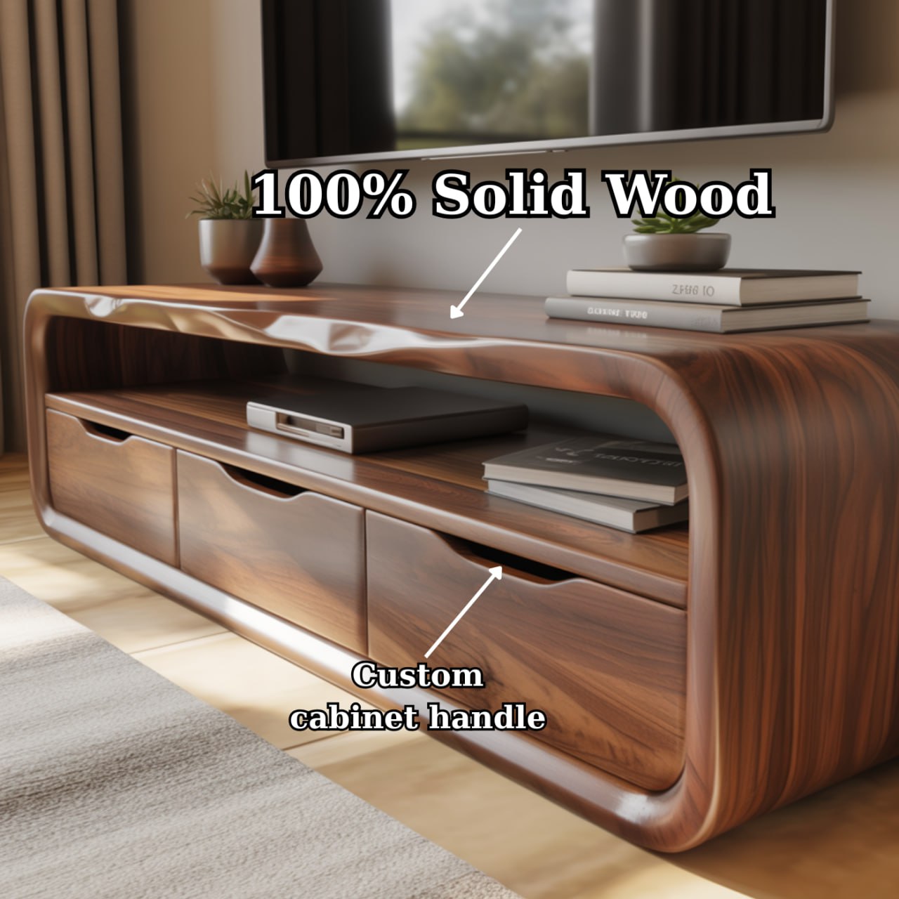 Handcrafted Solid Wood TV Stand with Smooth Curved Edges and Minimalist Storage Design Lynnsnail