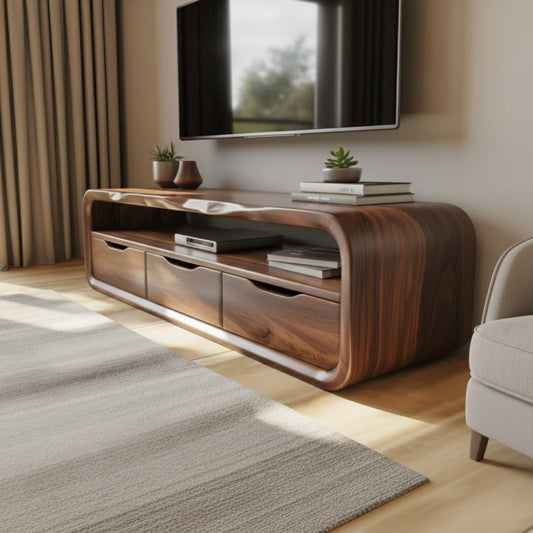 Handcrafted Solid Wood TV Stand with Smooth Curved Edges and Minimalist Storage Design Lynnsnail