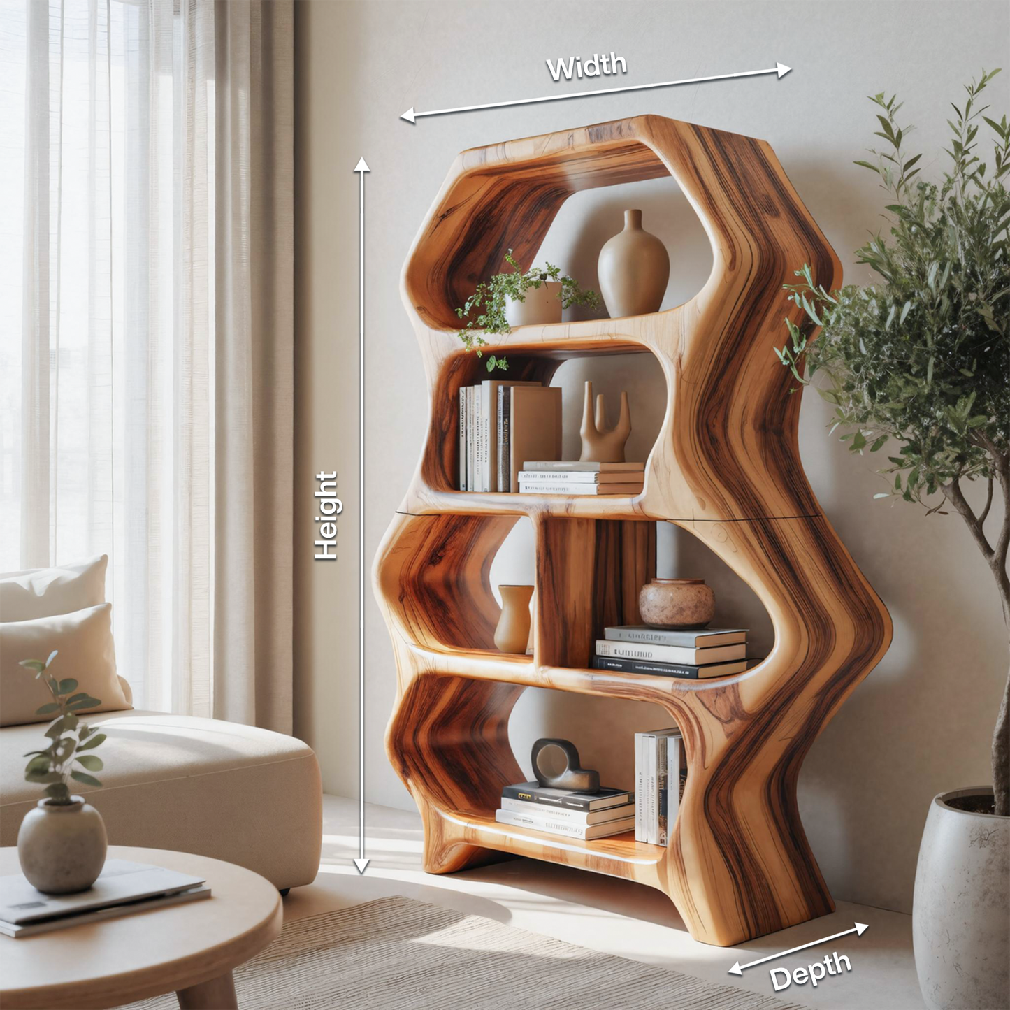 Sculptural Bookshelf With Organic Carved Display For Living Room And Office Lynnsnail