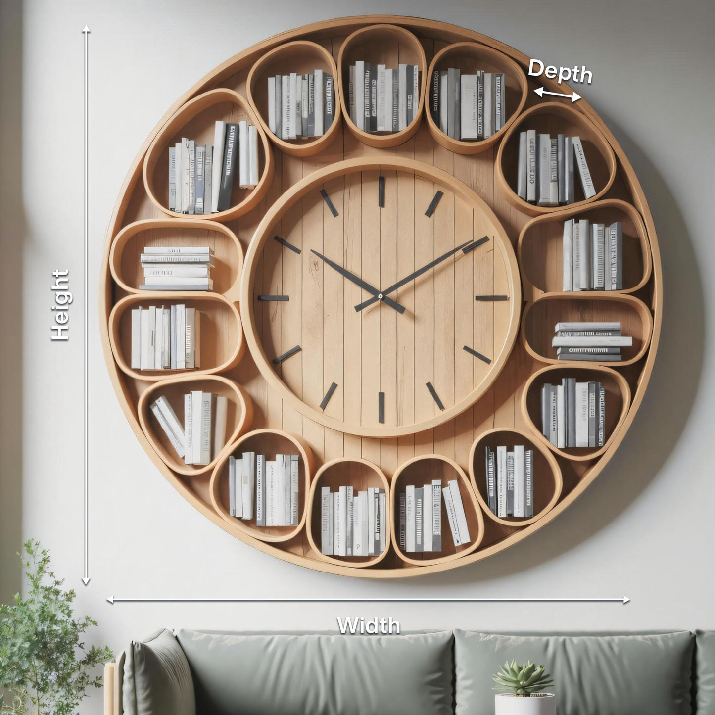 Contemporary Round Wall Bookshelf With Clock For Living Room And Home Office Lynnsnail