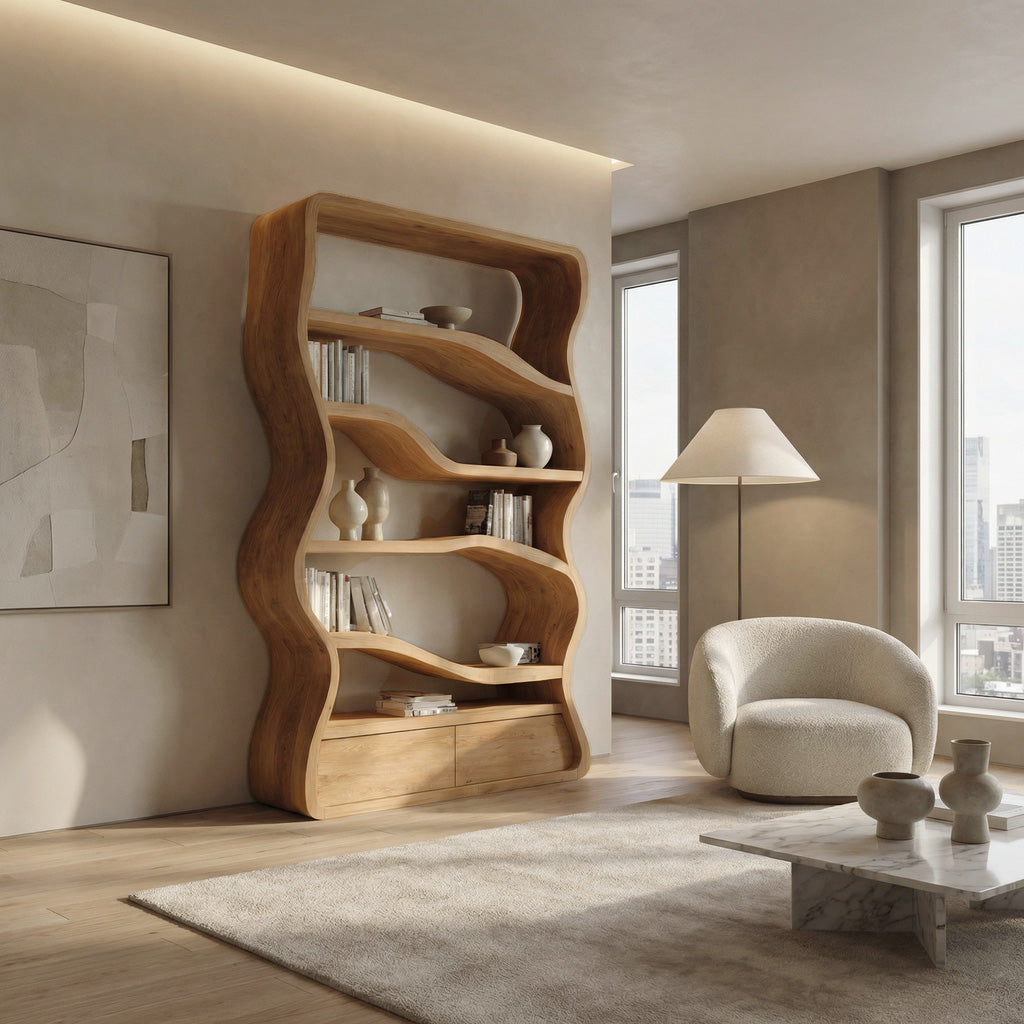 Modern Curved Wooden Bookshelf For Living Room Lynnsnail