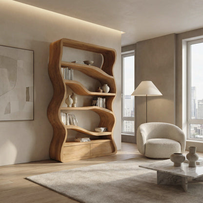 Modern Curved Wooden Bookshelf For Living Room Lynnsnail